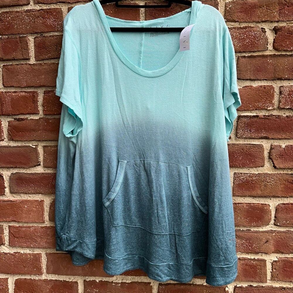 LIVI $50 Lane Bryant Gradient Blue Ombre Hooded Top Tahitian Tide 2X 18/20 NEW